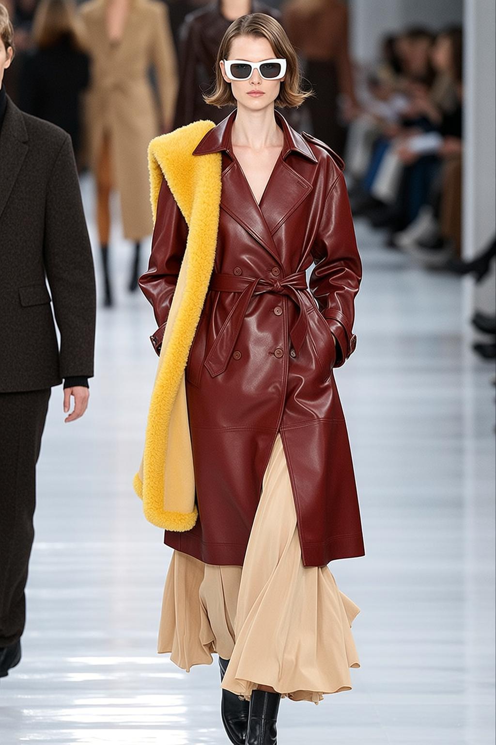 Burgundy Leather Trench Coat Runway Walk White Floor reference photo