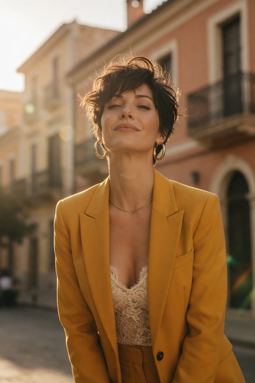 A woman in a mustard blazer standing confidently in golden sunlight, with soft Mediterranean buildings blurred in the background.
