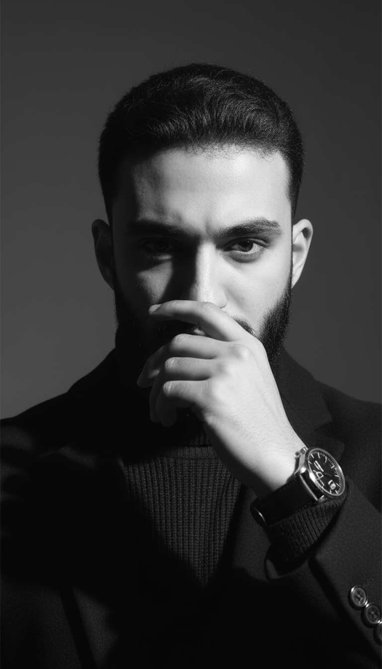 A dramatic black and white studio portrait of a man with neatly styled dark hair and a thoughtful pose, wearing a tailored blazer.