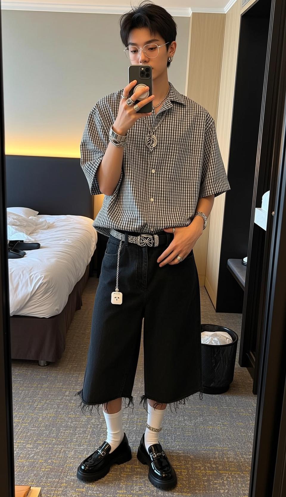 Selfie Mirror Checkered Shirt Denim Shorts reference photo