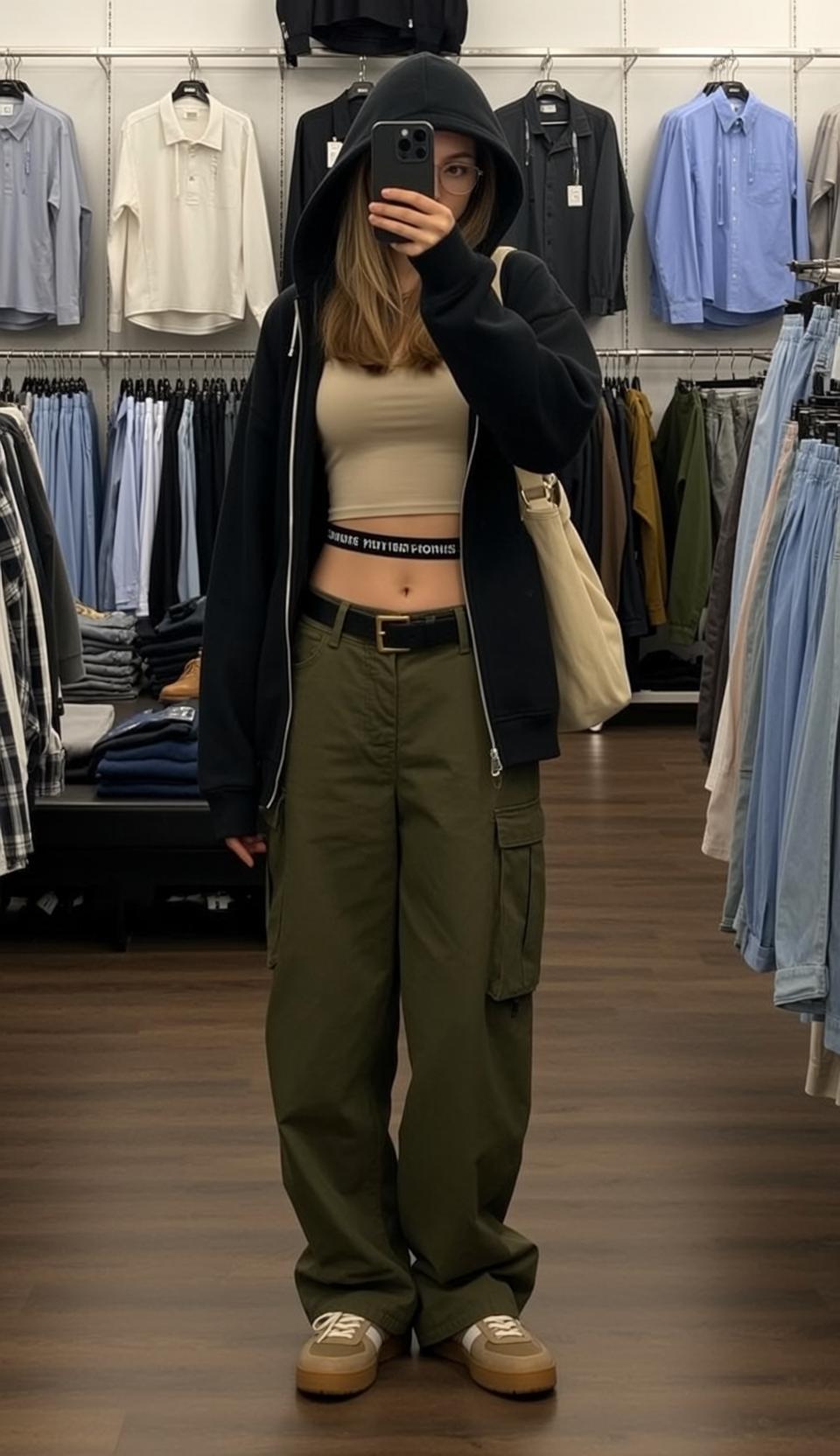 Cargo Pants Taking Selfie In Clothing Store reference photo