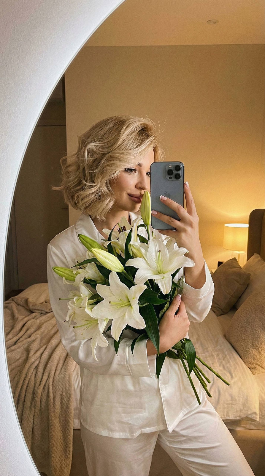 Bedroom Girl Smelling Lilies Selfie Photorealism