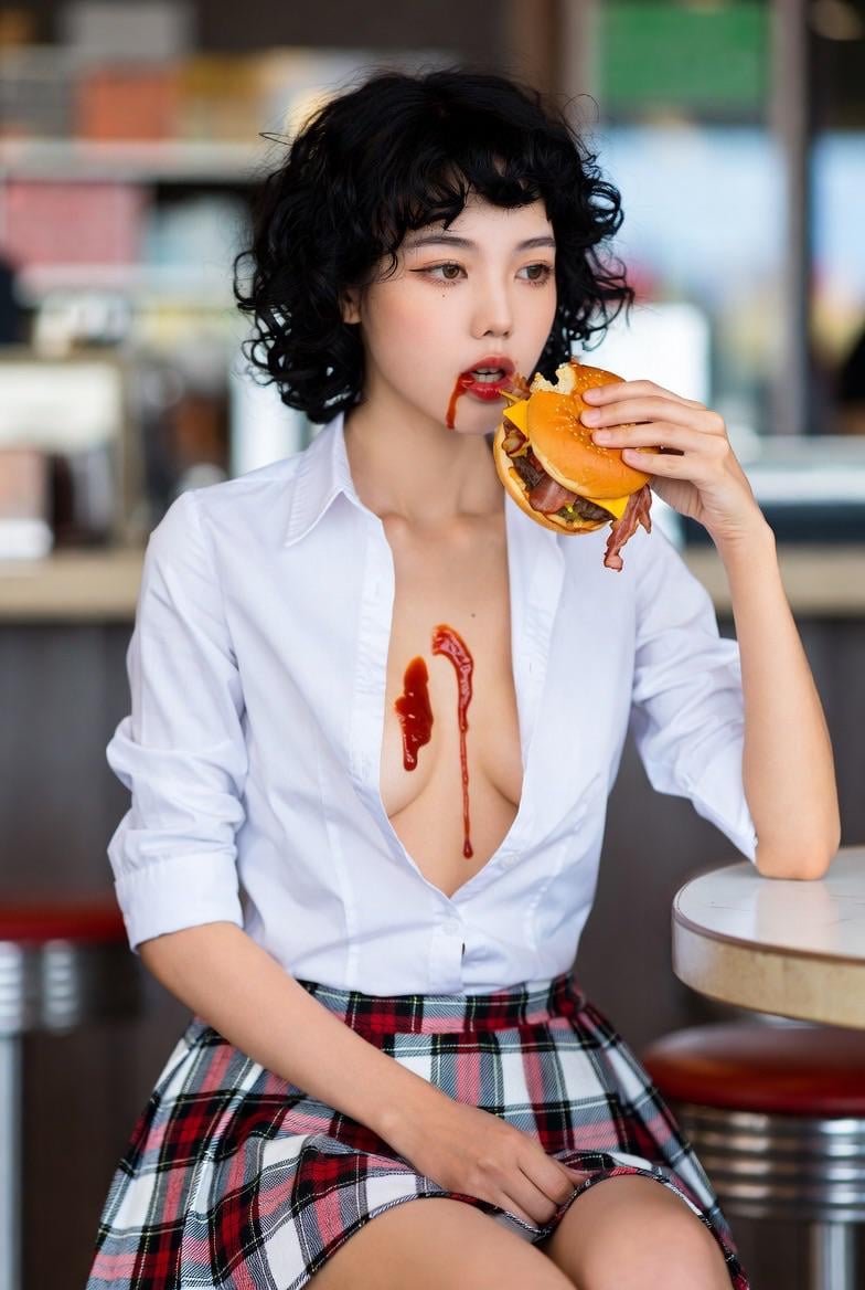 Diner Girl Ketchup Burger Plaid Skirt Medium Shot