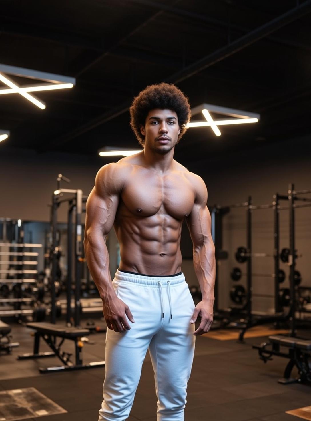 Muscular Afro Tan White Sweatpants Standing Hands reference photo