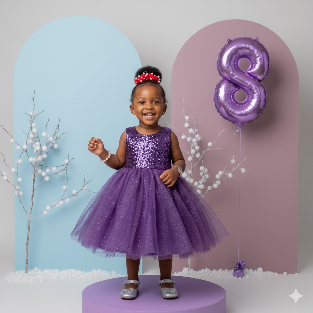 A smiling girl on a purple pedestal in a pastel studio wearing a sparkling violet princess dress and silver shoes, with decorative blue and mauve arches in the background.