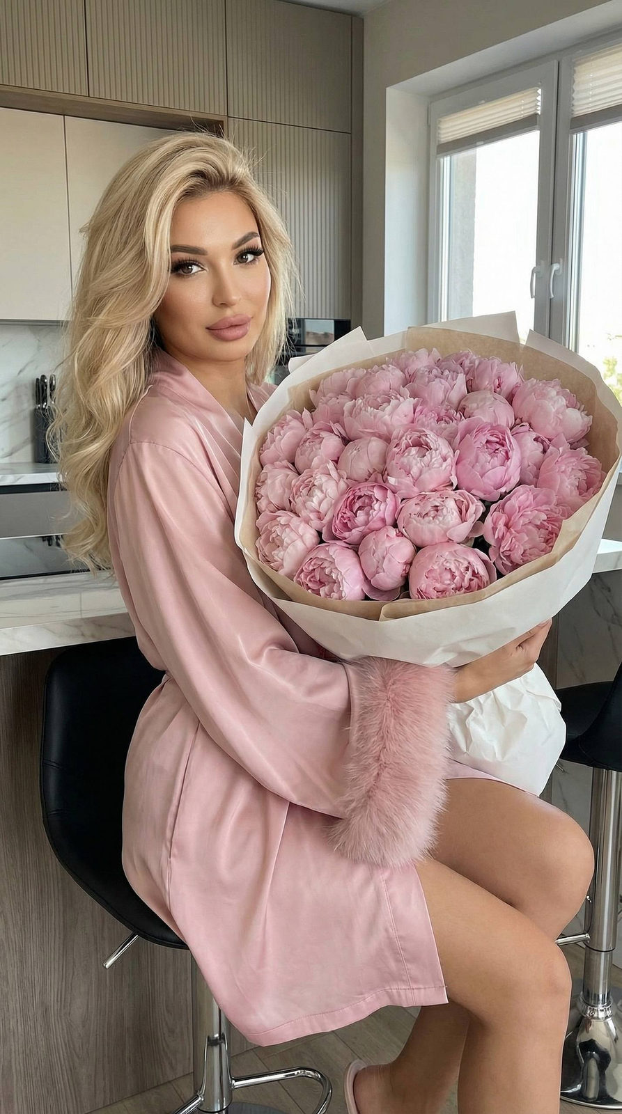 Realistic Woman Pink Robe Kitchen Peonies