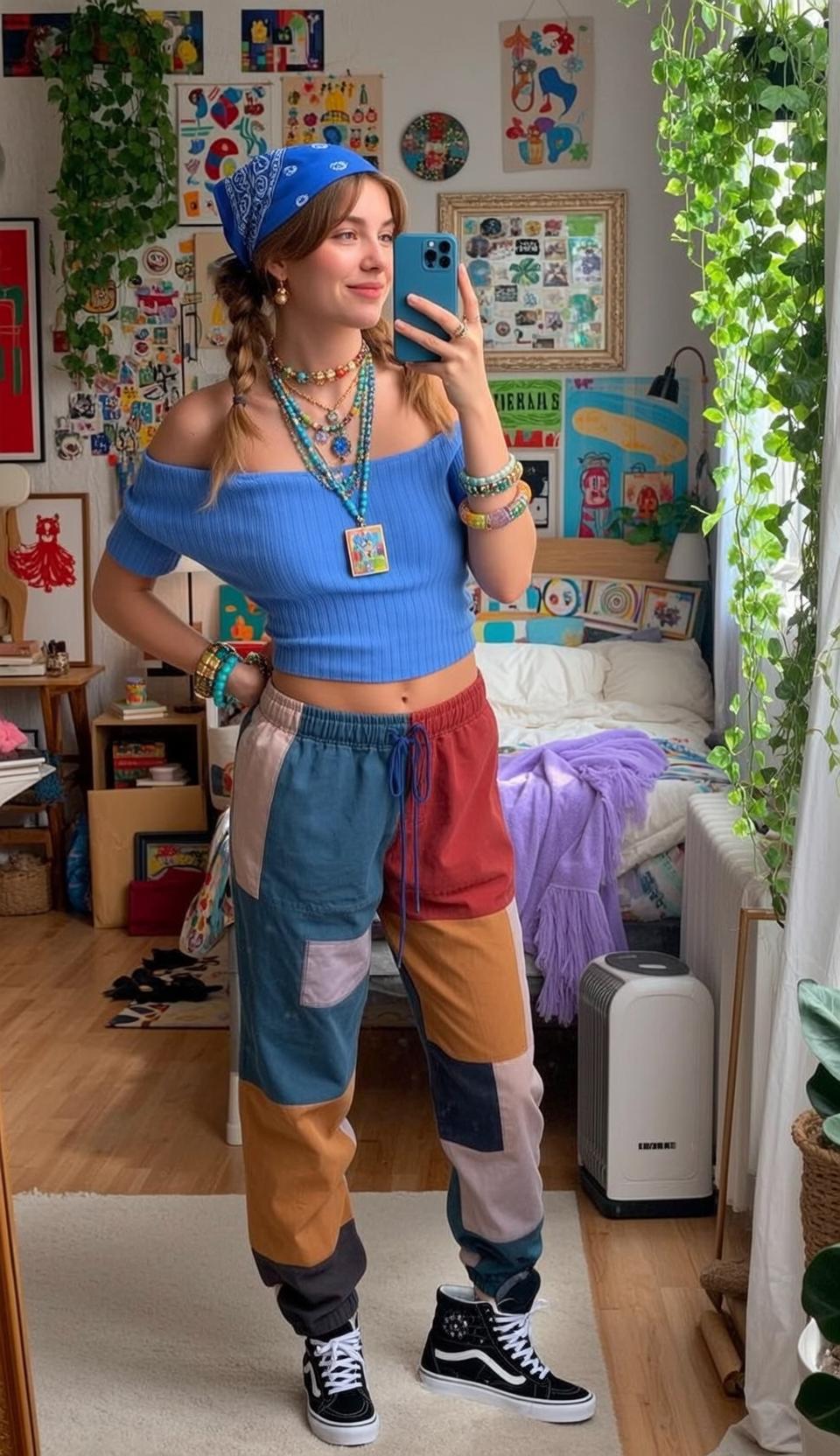 Blonde Pigtails Blue Crop Top Bedroom Mirror Selfie reference photo