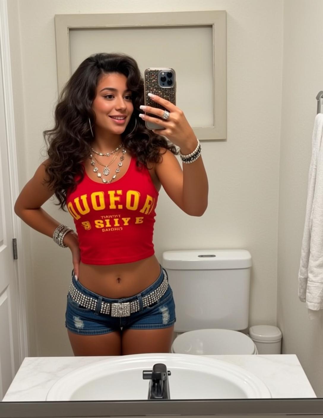 Explore Stands Bathroom Taking Mirror Selfie She reference photo