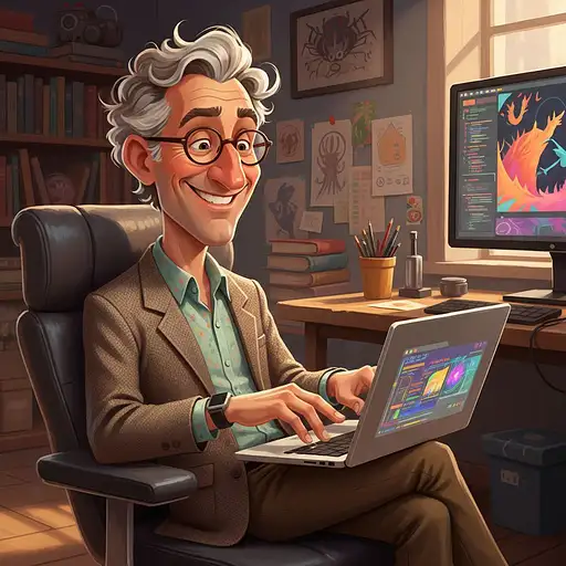 A charming caricature of a 58-year-old man with curly hair and glasses, sitting with a MacBook.