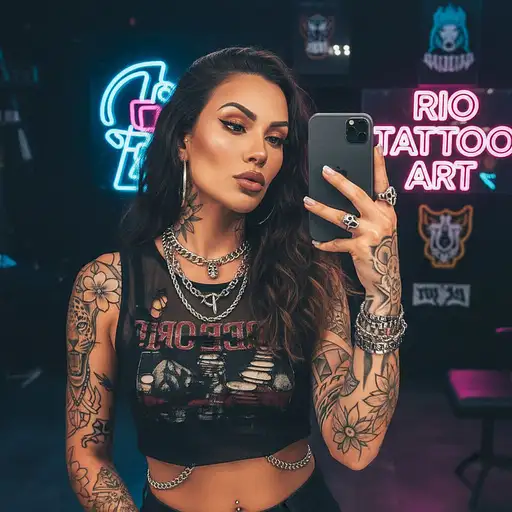 HD selfie of a 24-year-old tanned Brazilian woman in a tattoo parlor, showcasing her trendy outfit and piercing under neon lights.
