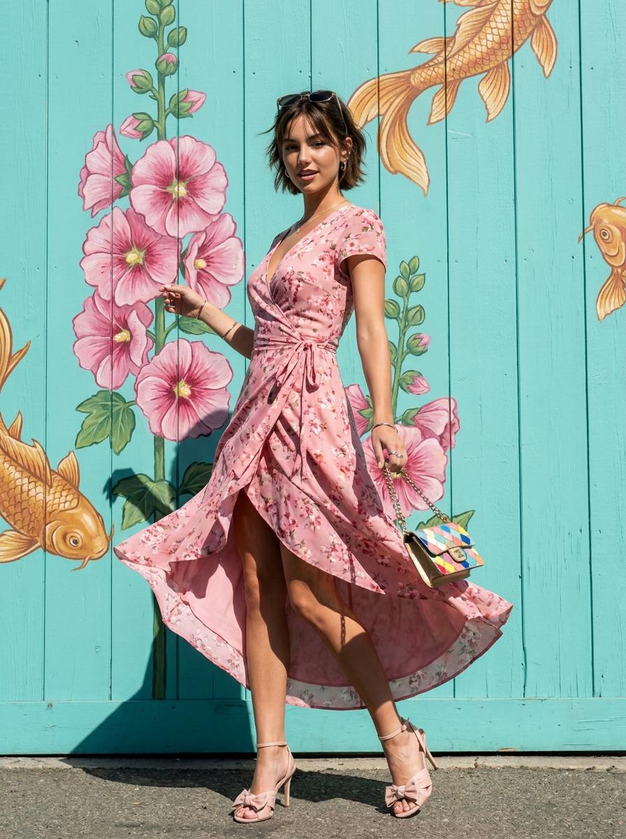 Pink Floral Dress Turquoise Wall Koi Mural