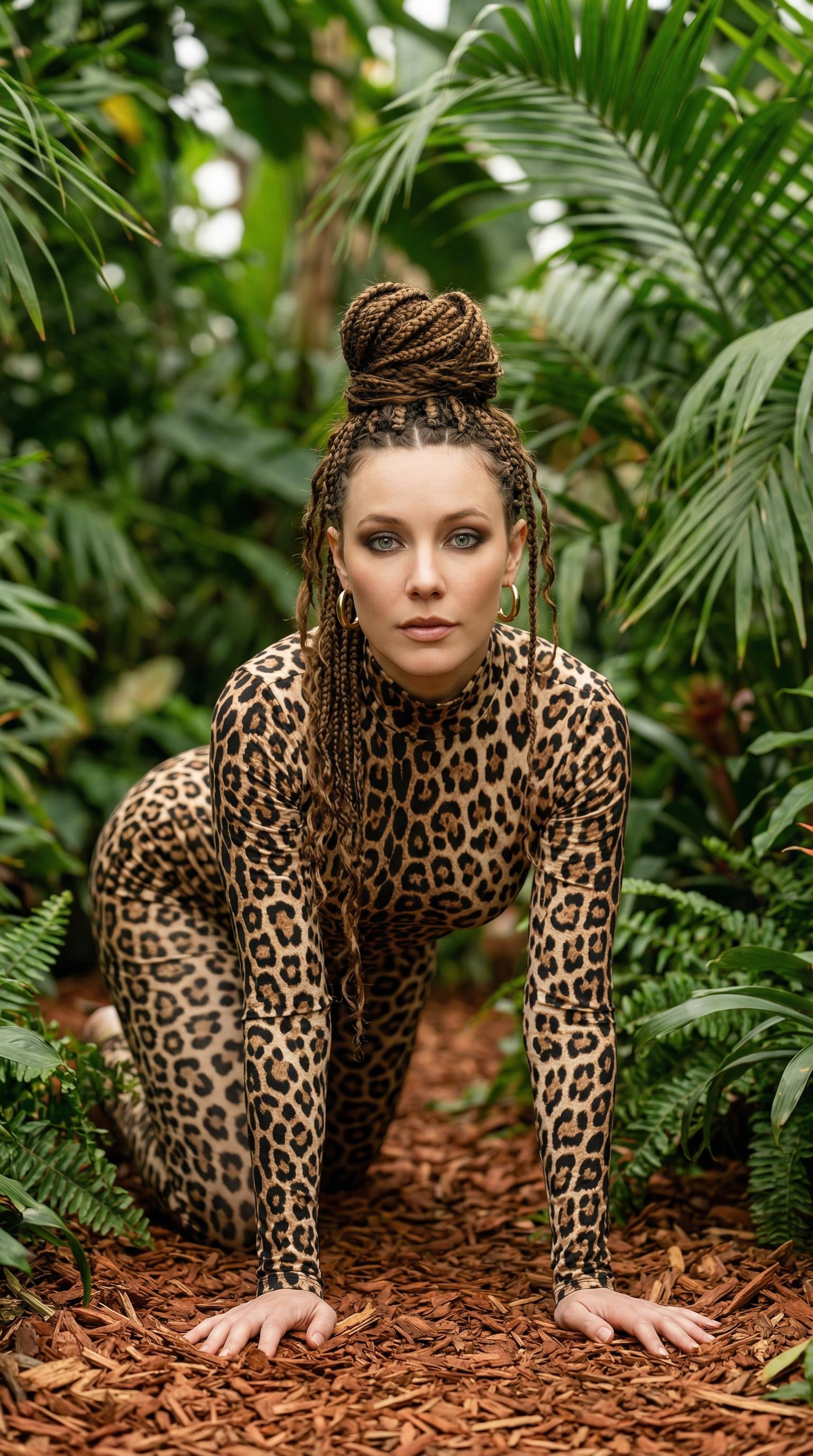 High Neck Jumpsuit Gold Hoops Braided Hair