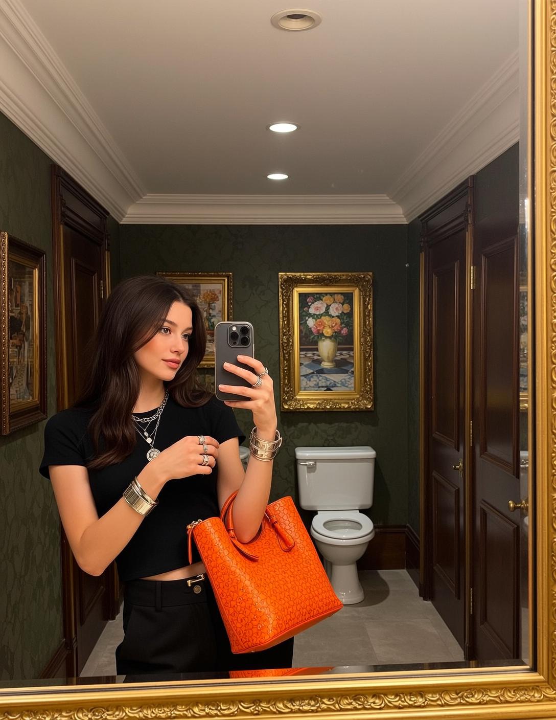 Black Trousers Orange Tote Selfie reference photo