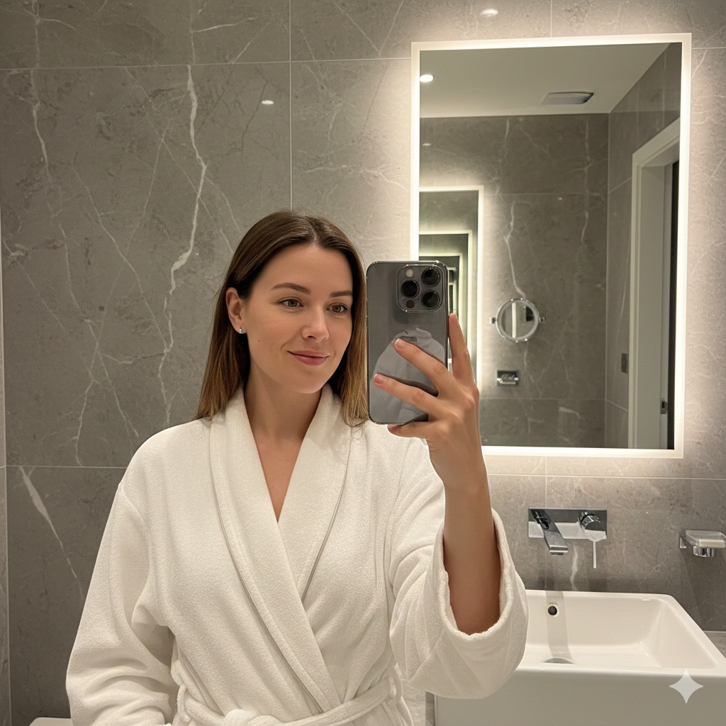 A stylish bathroom selfie featuring a person holding an iPhone 17 Pro Max, contemporary tiles, and sleek lighting.