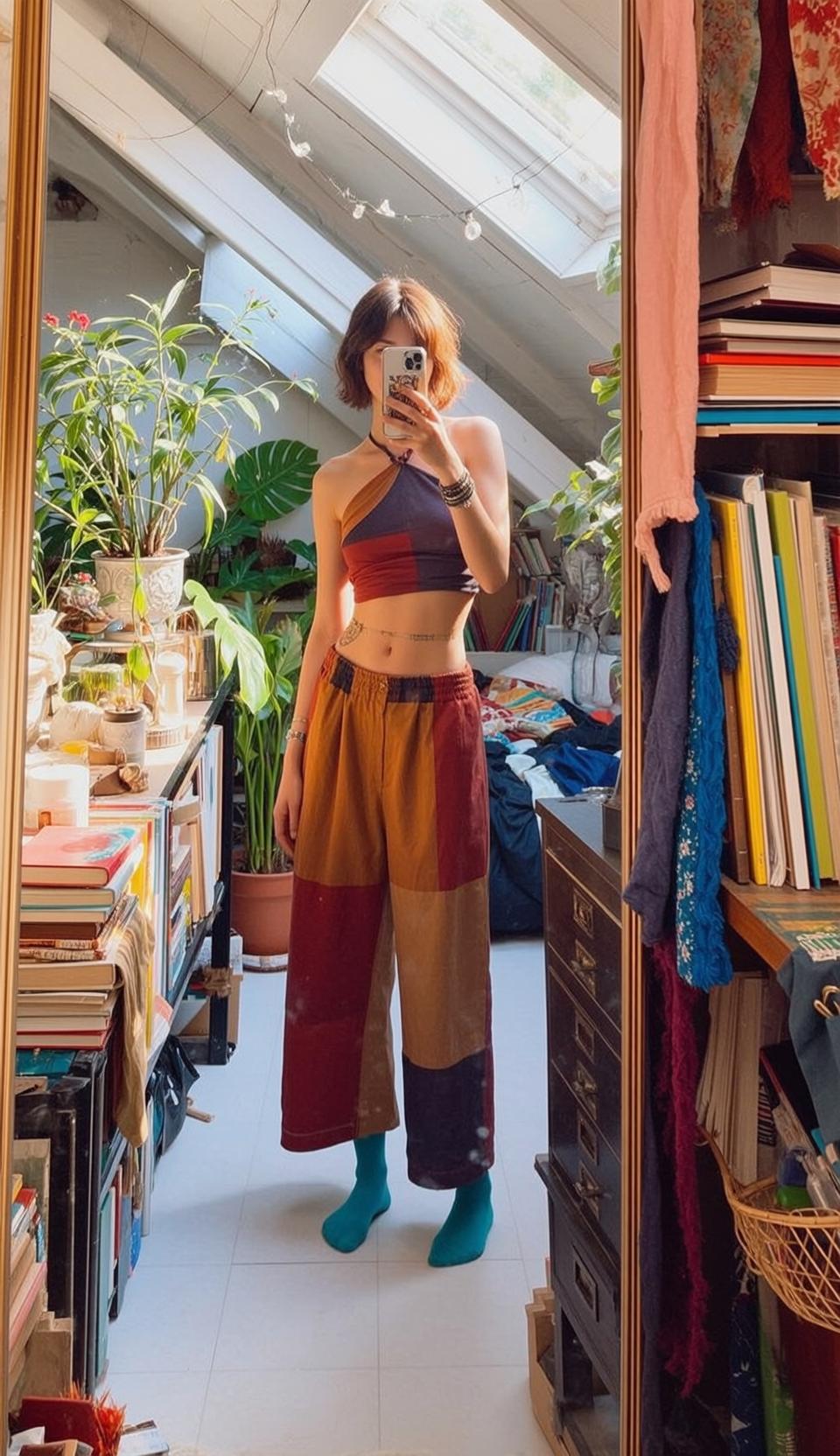 Color Block Outfit Mirror Selfie Bedroom Plants reference photo