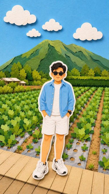 A paper craft diorama featuring a bright blue sky, fluffy clouds, and a central character on a wooden path amidst a lush green landscape.