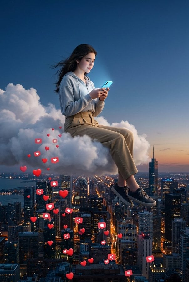 A woman casually seated on a fluffy cloud above a glowing city, holding a phone with floating social media icons around her.
