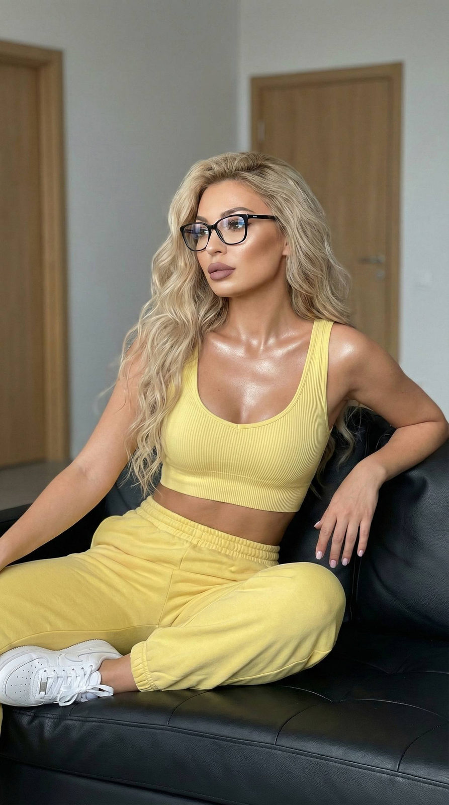 Woman Yellow Tracksuit Black Sofa Realistic
