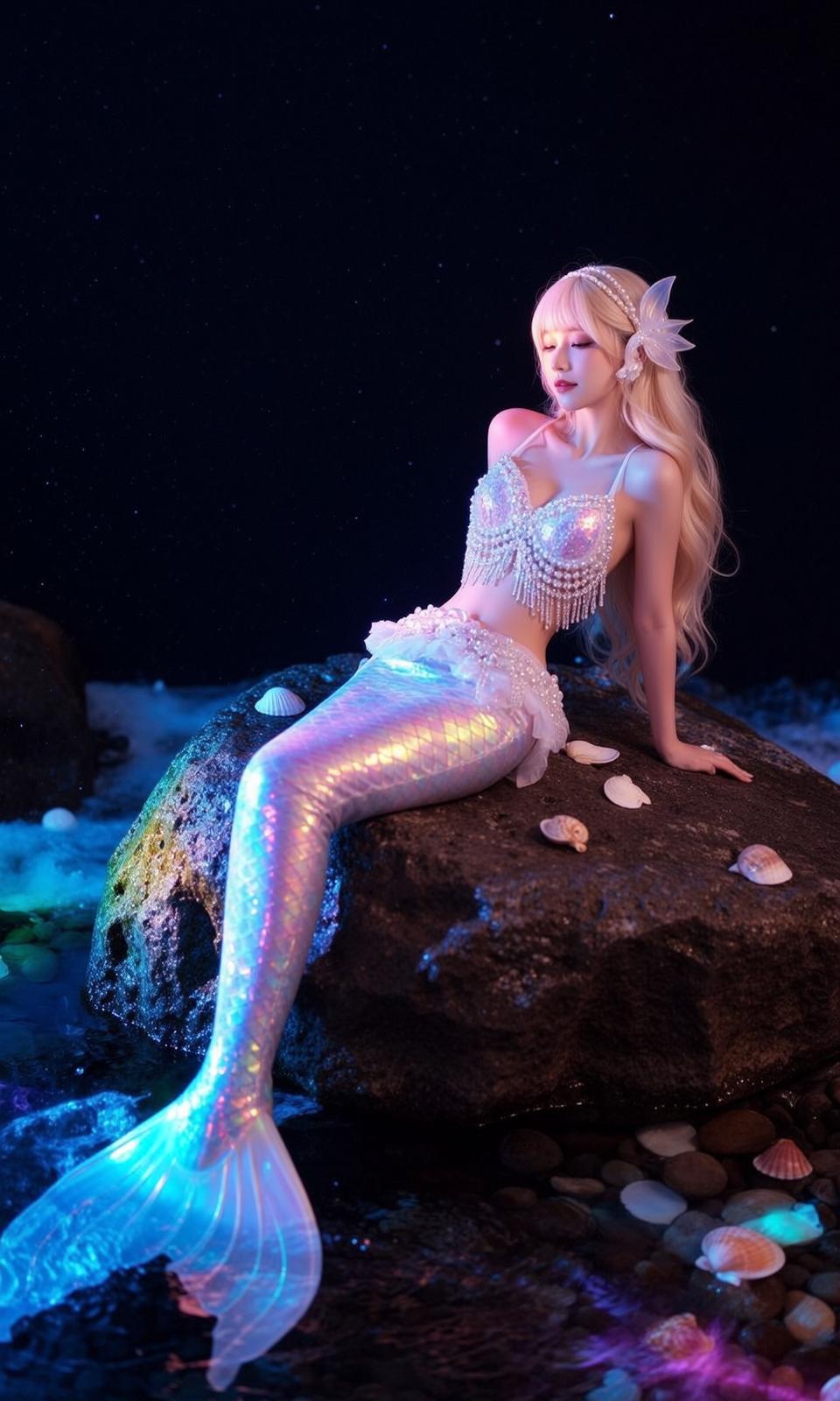 Mermaid Tail Rocky Shore Night reference photo