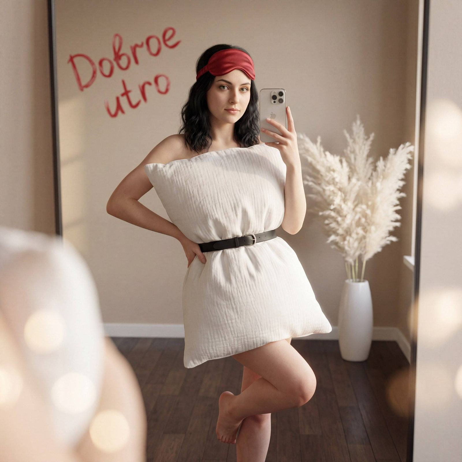 Ultra-realistic portrait of a woman taking a selfie in a bedroom with a red sleep mask and milky muslin dress, vibrant morning light.