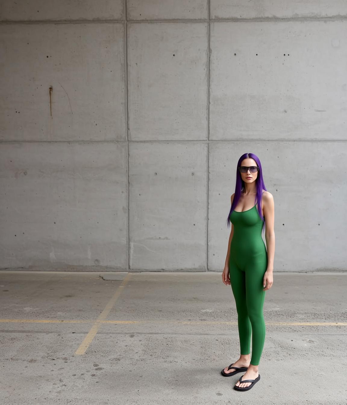 Green Bodysuit in Concrete Underpass reference photo