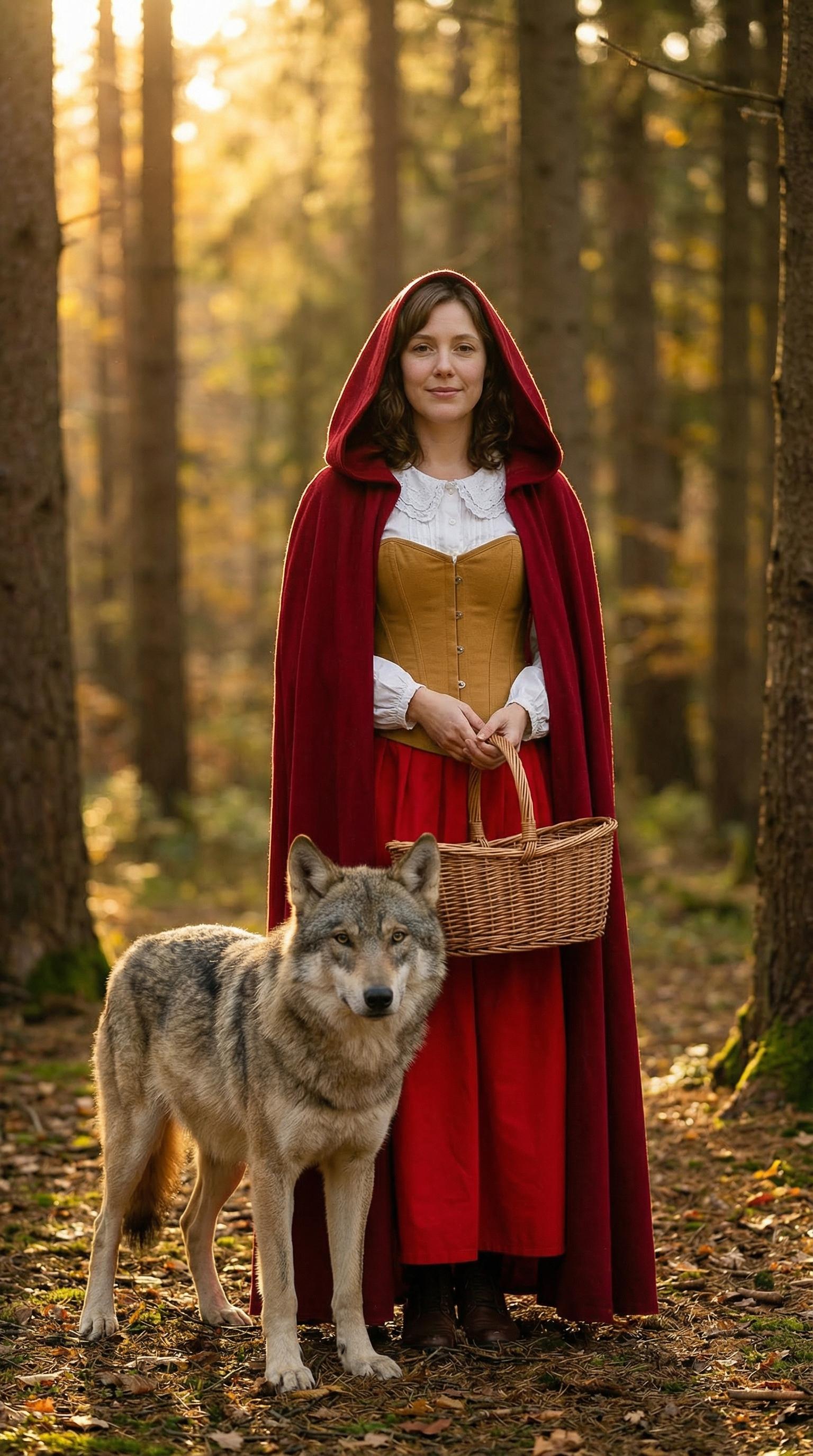 Girl Red Robe Wicker Basket Wolf Standing