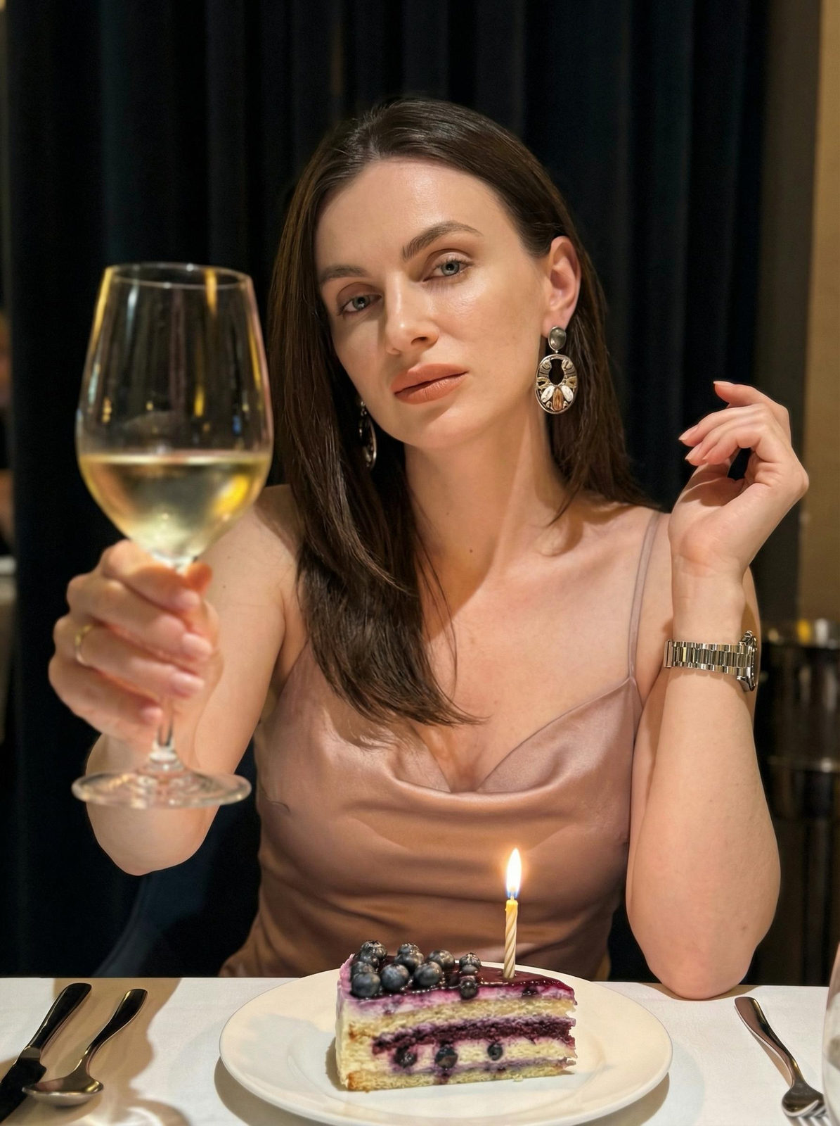 Realistic Woman Restaurant Wine Cake Evening