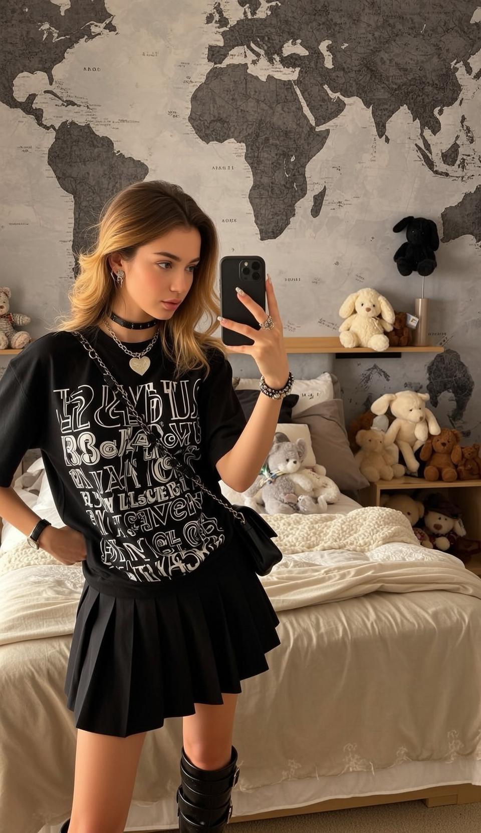 Black Tee Pleated Skirt Boots reference photo