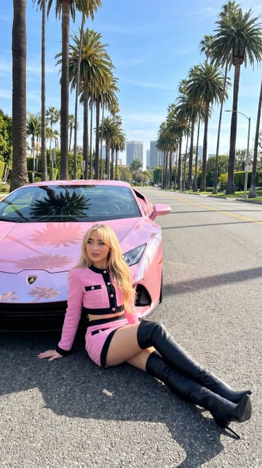 Pink Lamborghini Asphalt Palm Trees Low Angle