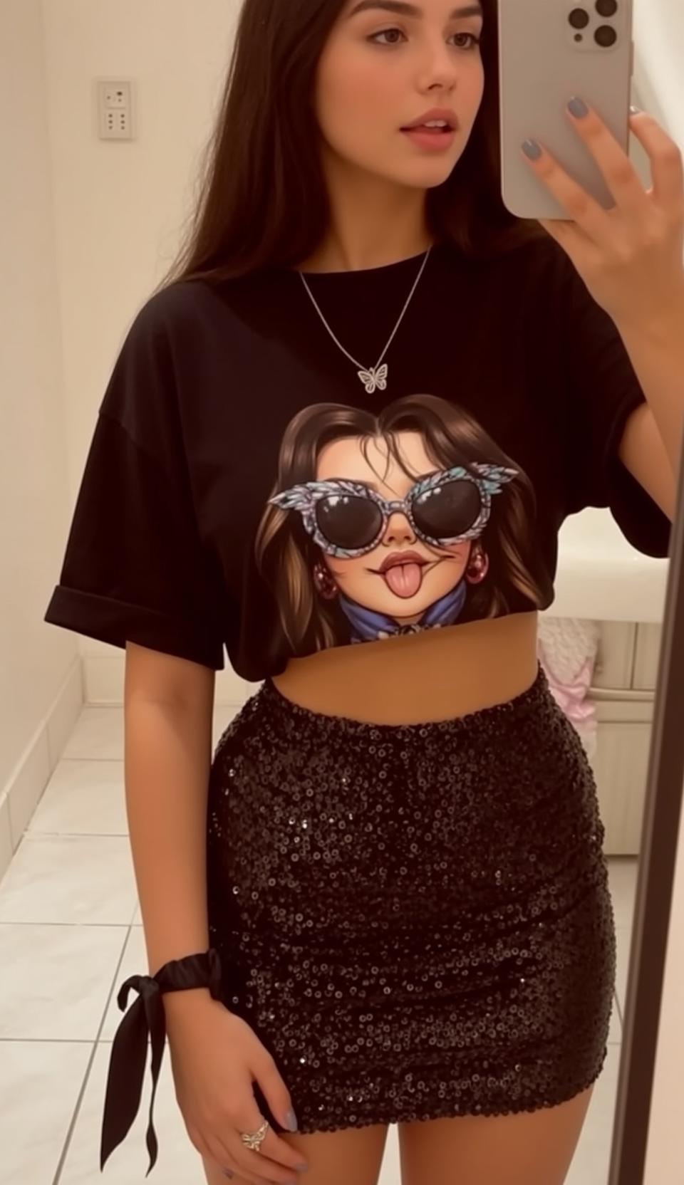Graphic Tee Pleated Skirt Selfie reference photo