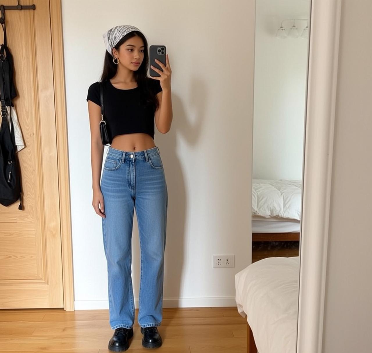 Black Crop Top Straight Hair Mirror Selfie reference photo