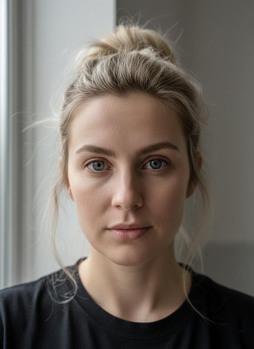 Extreme macro portrait of a woman with a neutral expression, highlighting detailed skin textures and soft light.