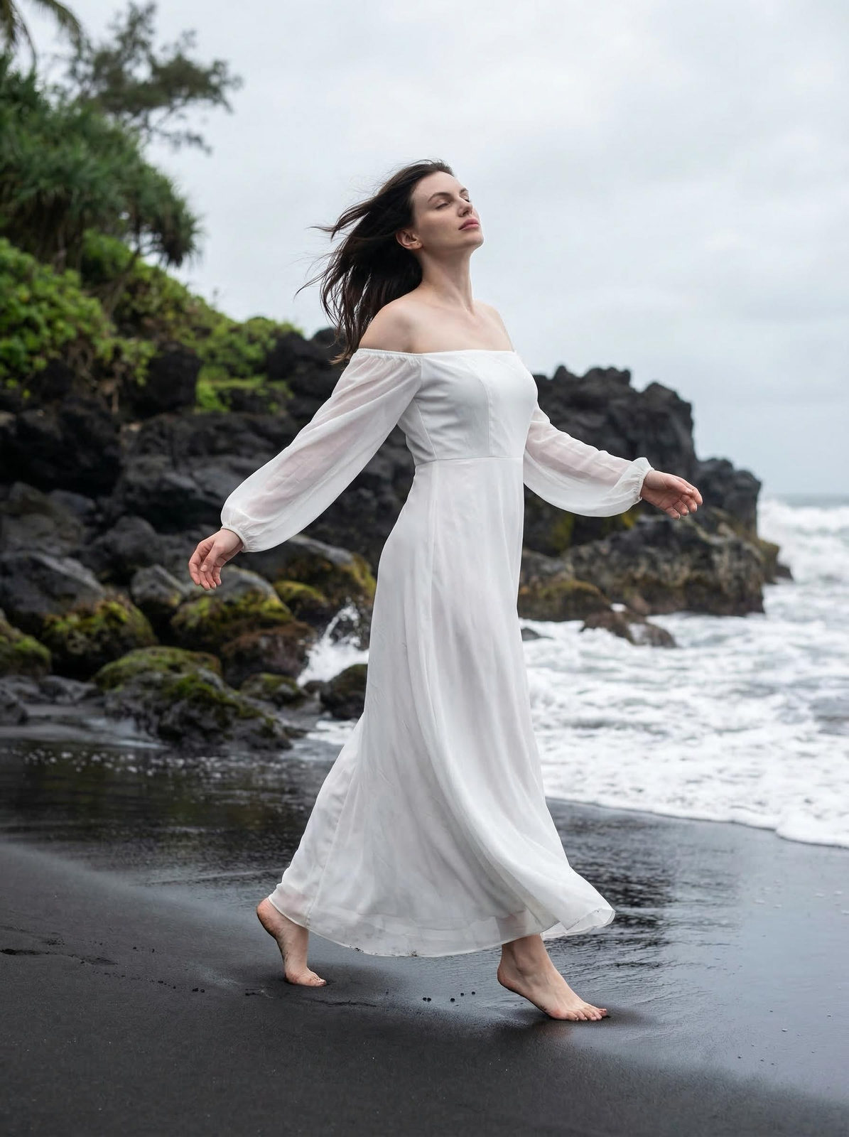 Woman White Dress Black Sand Beach Waves Rocks