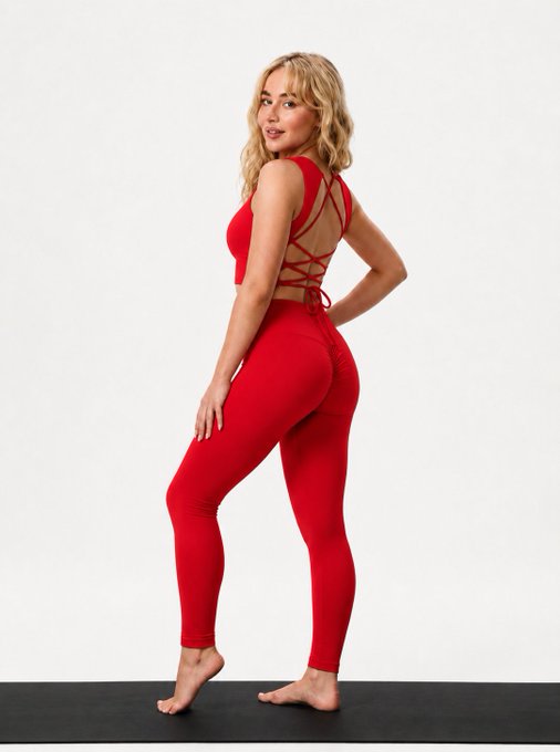 A person in a vibrant red two-piece athletic set poses on a black yoga mat, showcasing the tank top's crisscross back design.