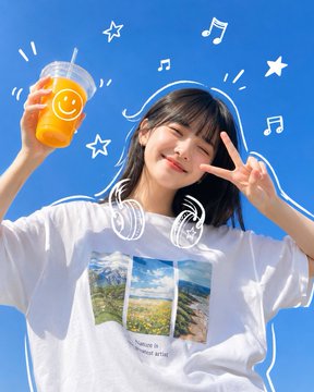 Girl Peace Sign Orange Drink Smiley Cup Landscape T Shirt