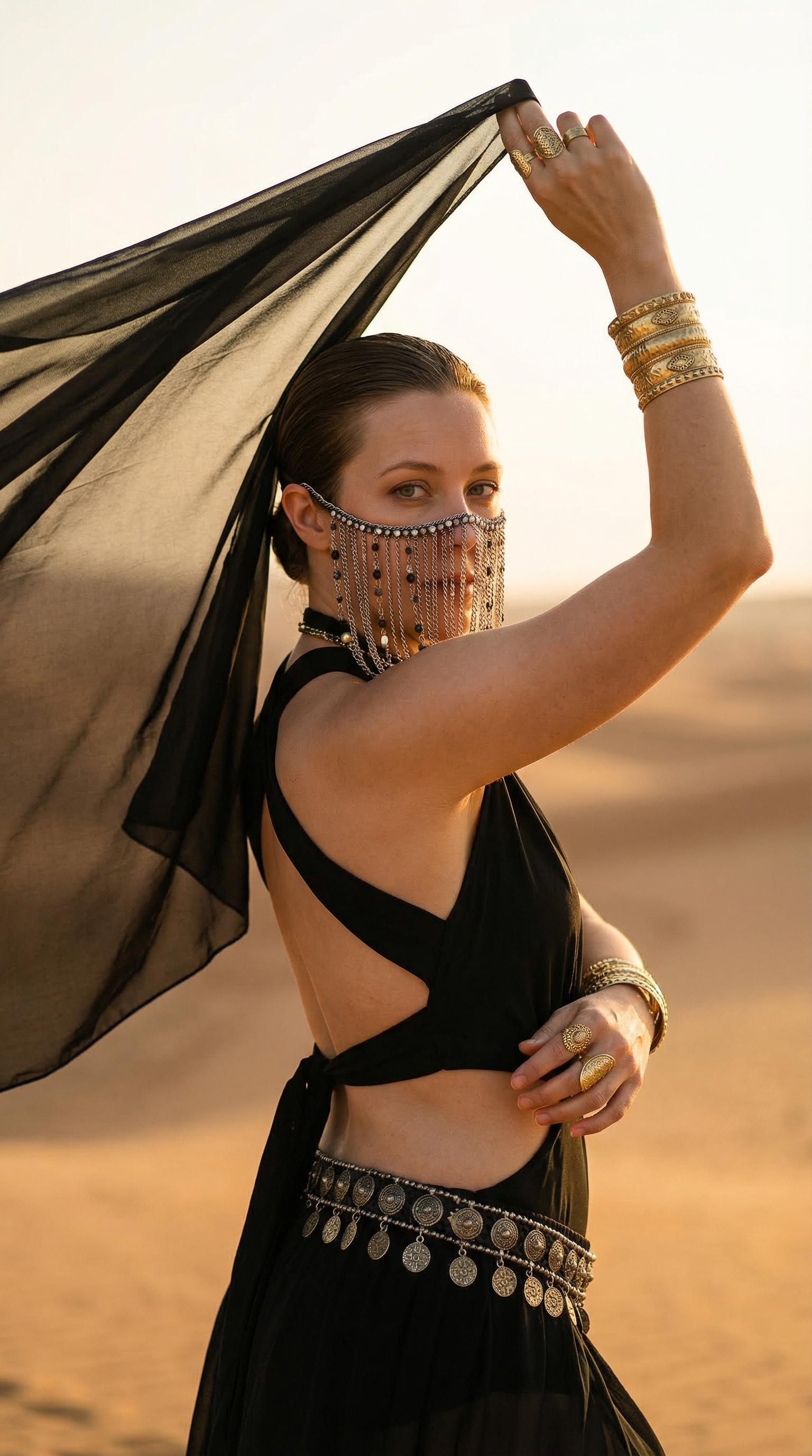 Desert Sunset Cinematic Portrait Oriental Costume Veil