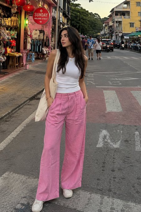 Pink Trousers And White Tank Top On City