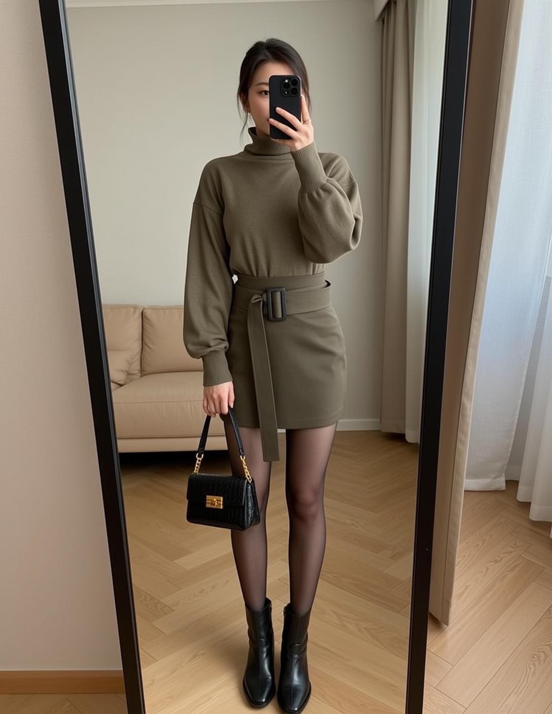 Asian Woman Olive Green Outfit Mirror Selfie reference photo