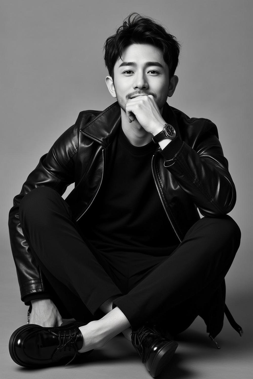 Full Shot Black And White Photorealistic Portrait Young East Asian reference photo