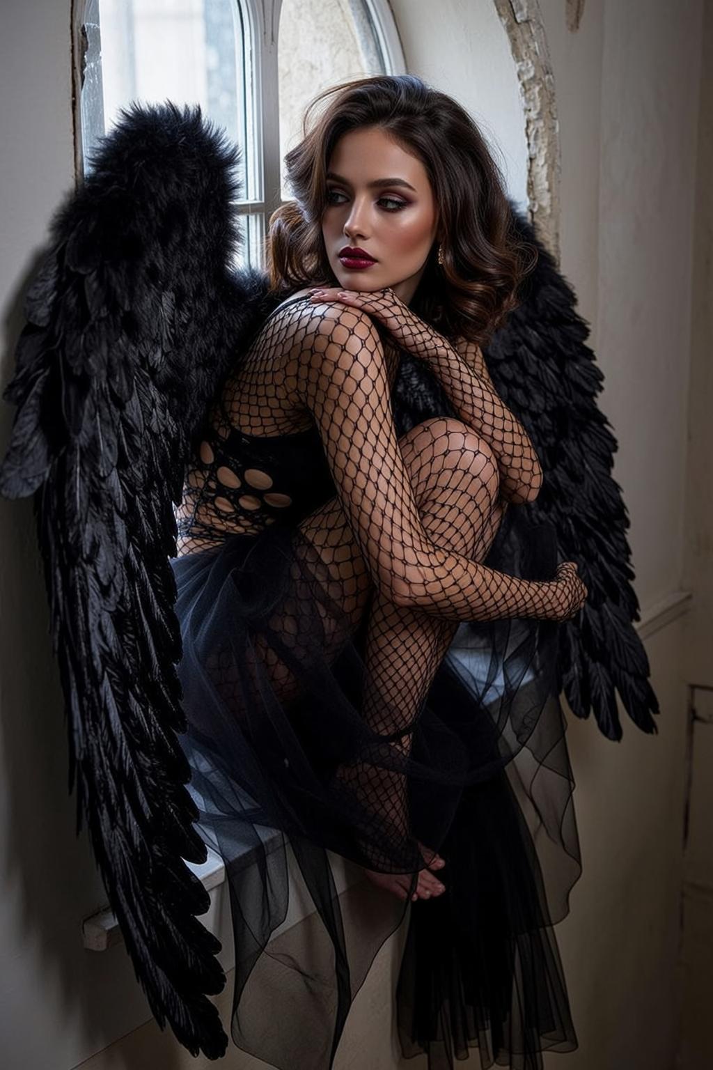 Black Fishnet Windowsill Feather Wings reference photo
