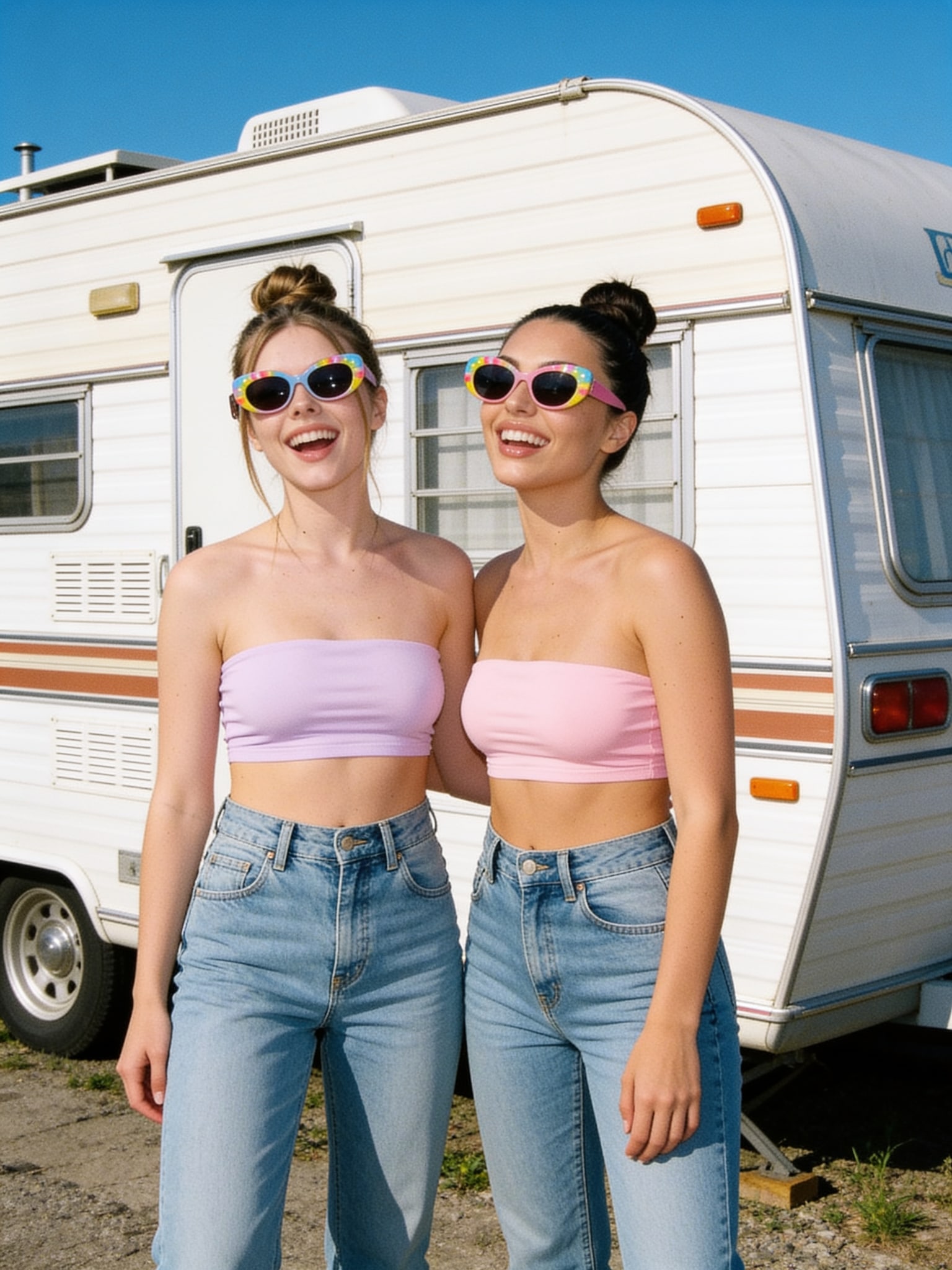 Mila and Lily laughing together outside a colorful retro trailer, wearing pastel crop tops and high-waisted jeans.