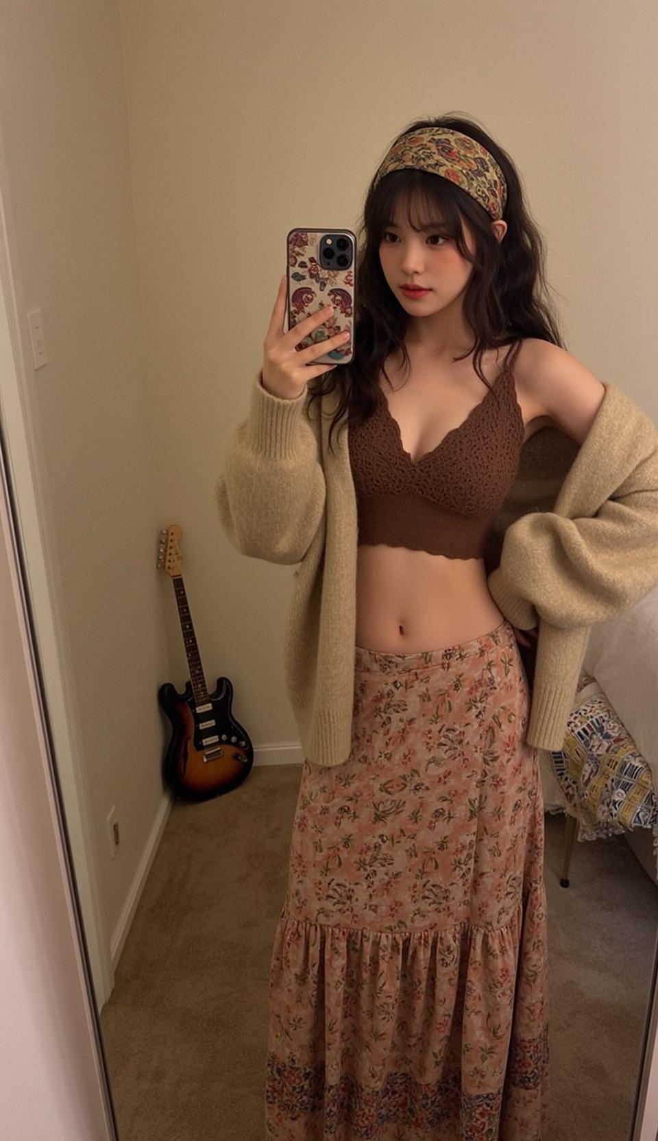 Bedroom Mirror Selfie Floral Skirt Brown Bralette reference photo