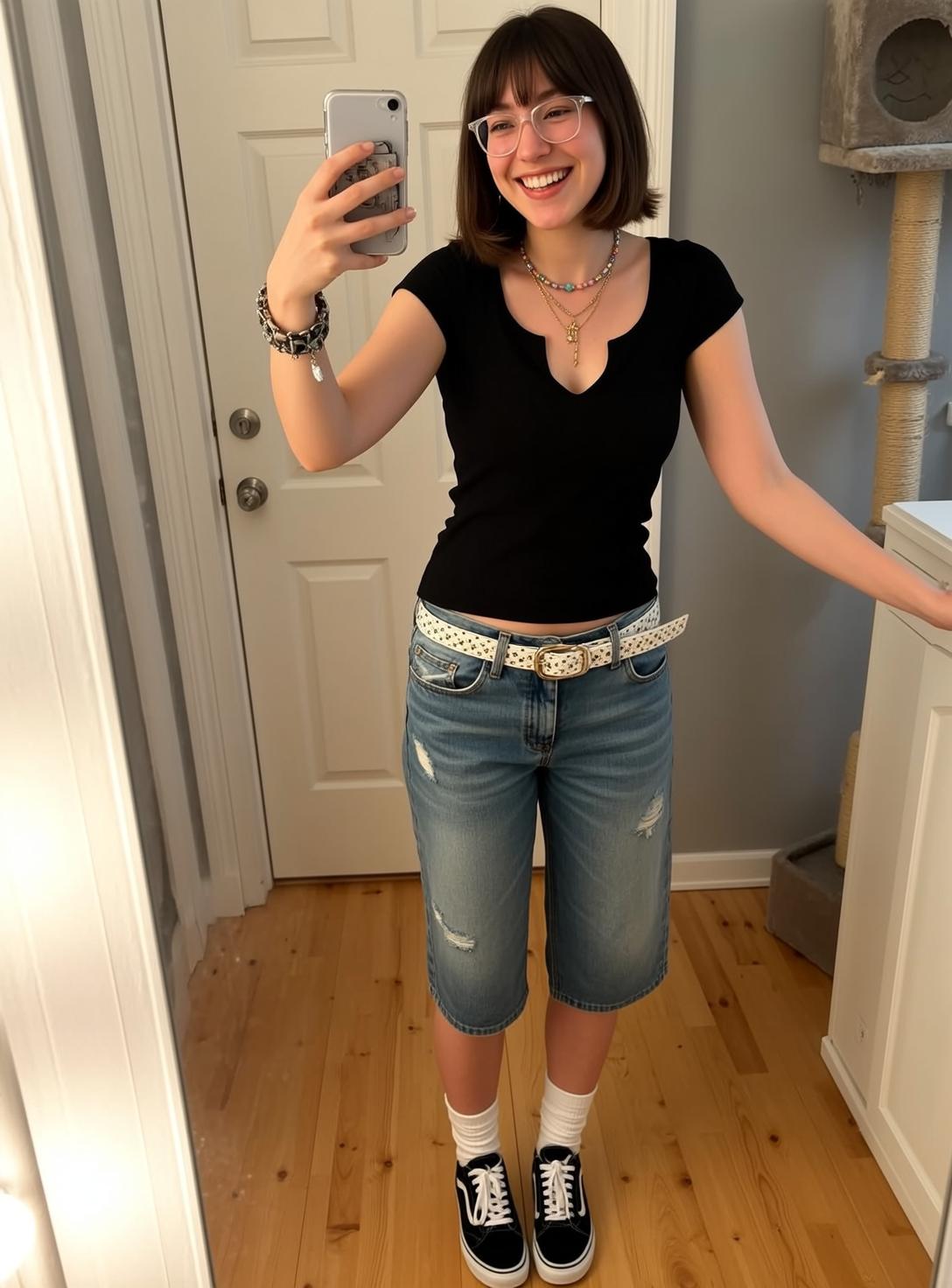 Black V Neck Tee and Denim Capris reference photo