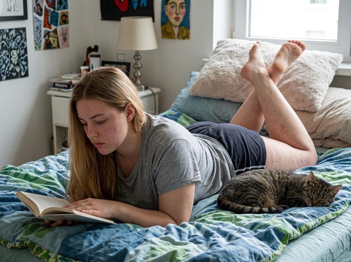 Relaxed On Unmade Bed Soft Sheets reference photo