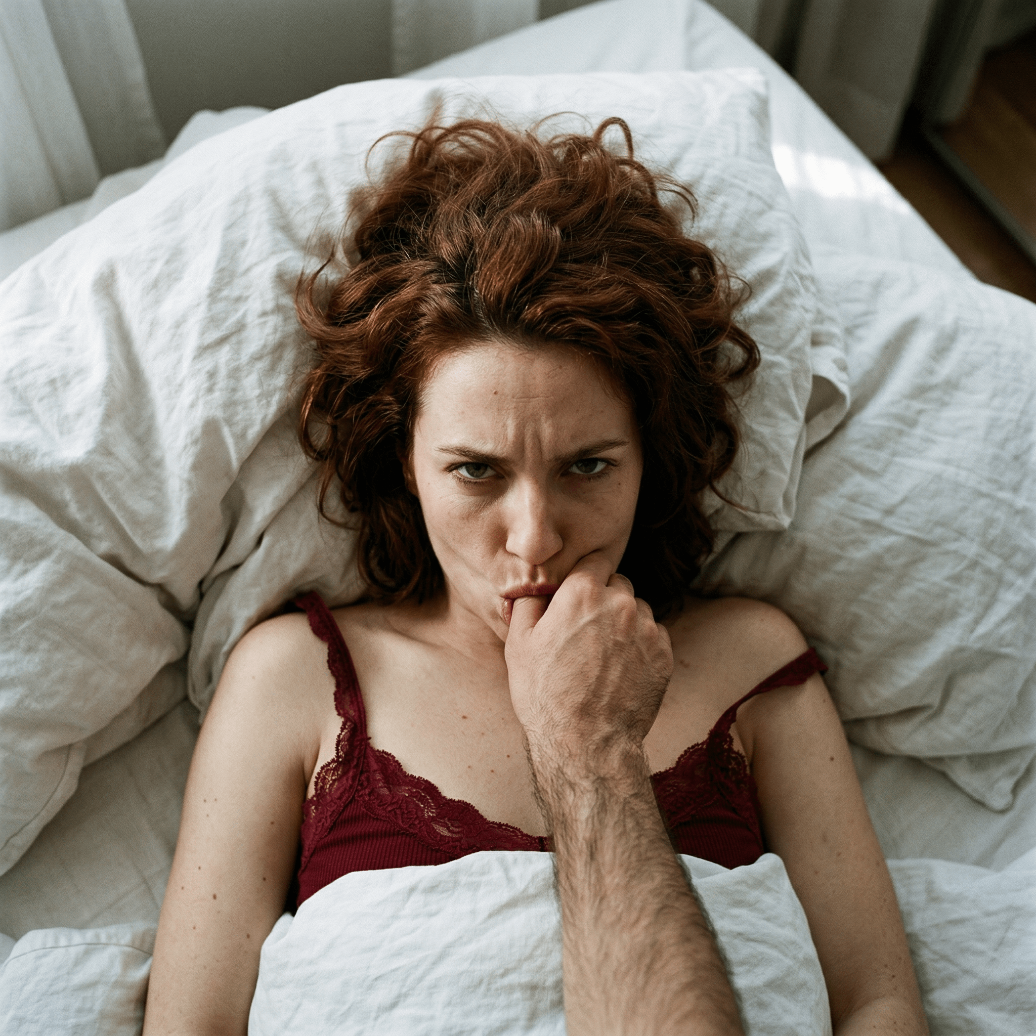 Photorealistic overhead shot of a pale-skinned woman on a white bed, deeply sensual expression and glossy lips, captured in moody lighting.