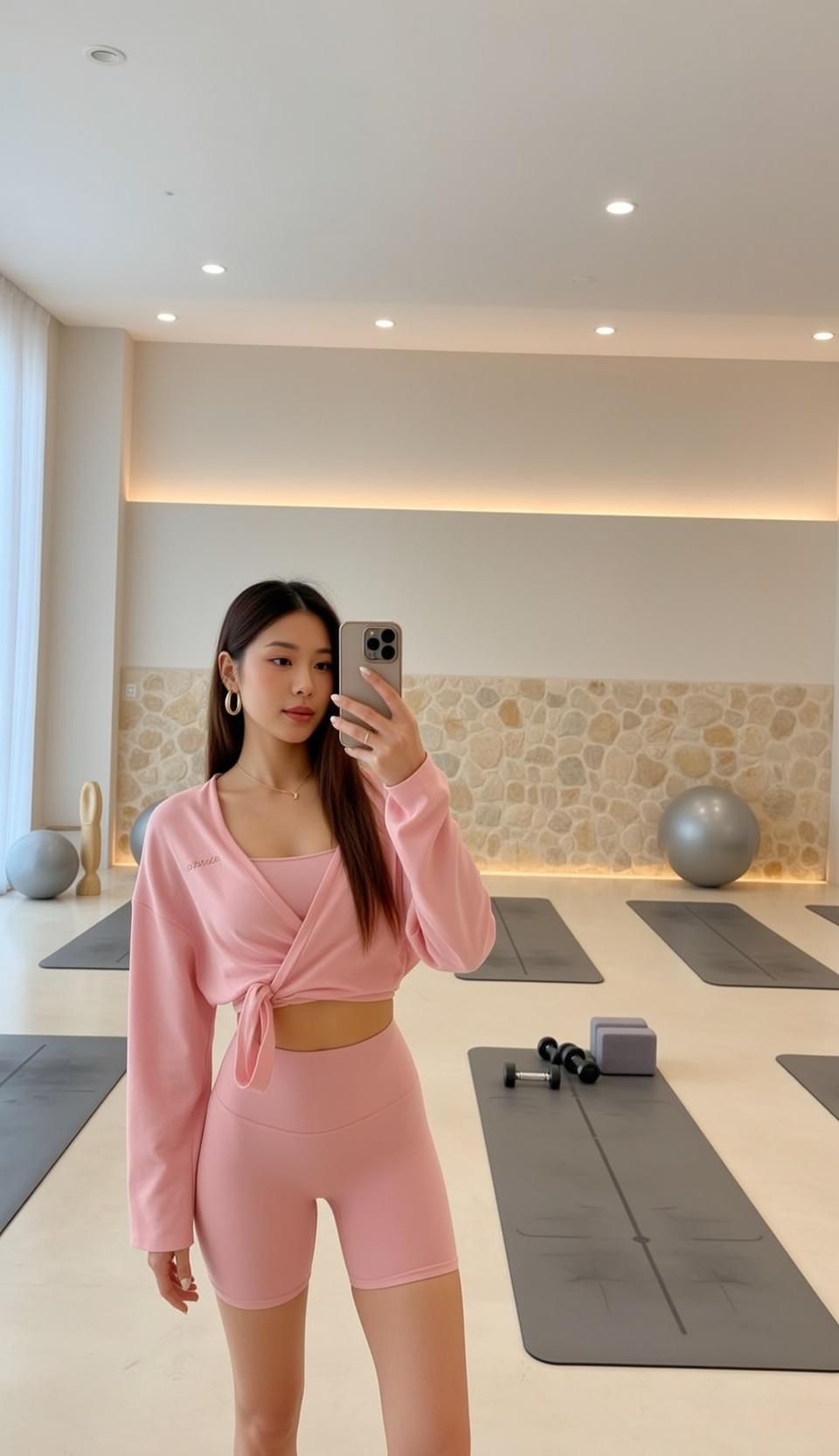 Pink Biker Shorts Yoga Selfie