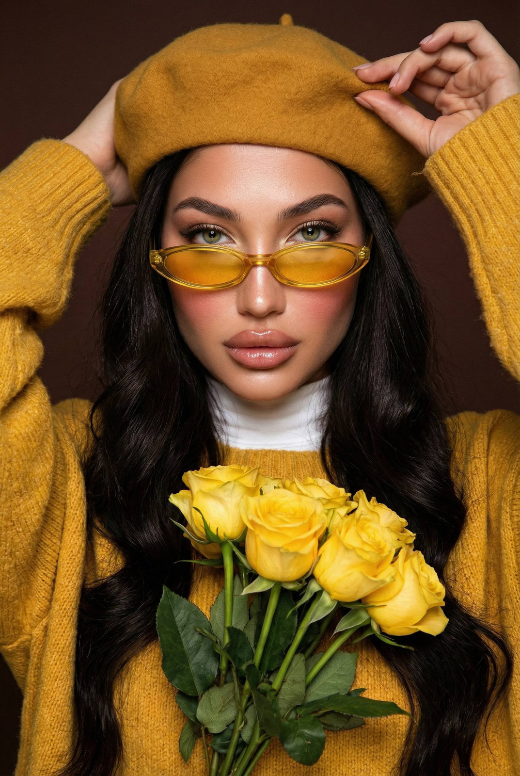 Realistic Yellow Fashion Portrait Beret Roses