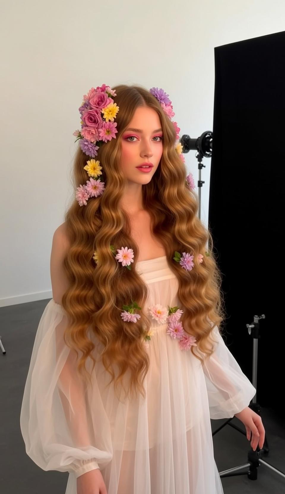 Fairycore Young Long Wavy Auburn Hair Flowers reference photo