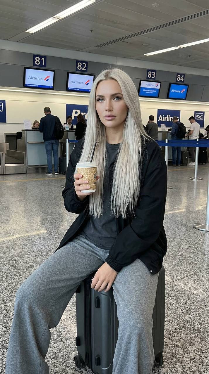 Realistic Airport Check In Woman Sitting Suitcase