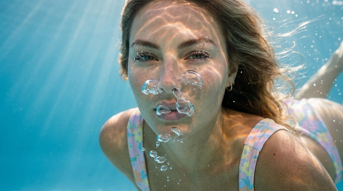 A person swimming underwater in a pastel floral swimsuit, bubbles rising and sunlight creating dappled patterns on the water surface.